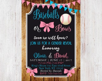 Baseballs or Bows Gender Reveal Party Invitation, Gender Reveal Invitation,Gender Reveal Party, Boy or Girl, Rustic,Chalkboard 201