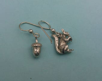 Sterling Silver Squirrel And Acorn Dangle Earrings
