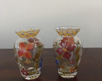 Lot Of 2 Vintage Hand Painted Mini Glass Vase