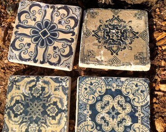 Azulejos Tile Coasters- Portuguese inspired blue tiles, stone coasters, Portuguese Coasters, set of 4