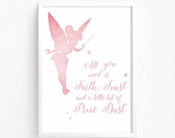Sale 50% Off - Tinkerbell Printable Watercolor ( peter pan home decor disney quote nursery print faith pixie dust baby gift instant download
