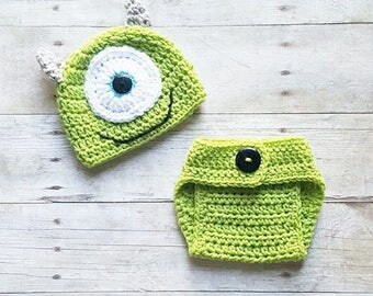 Crochet Baby Monsters Inc Mike Sulley Option Hat Beanie Diaper Cover Set Newborn Baby Infant Handmade Photography Photo Prop Baby Shower