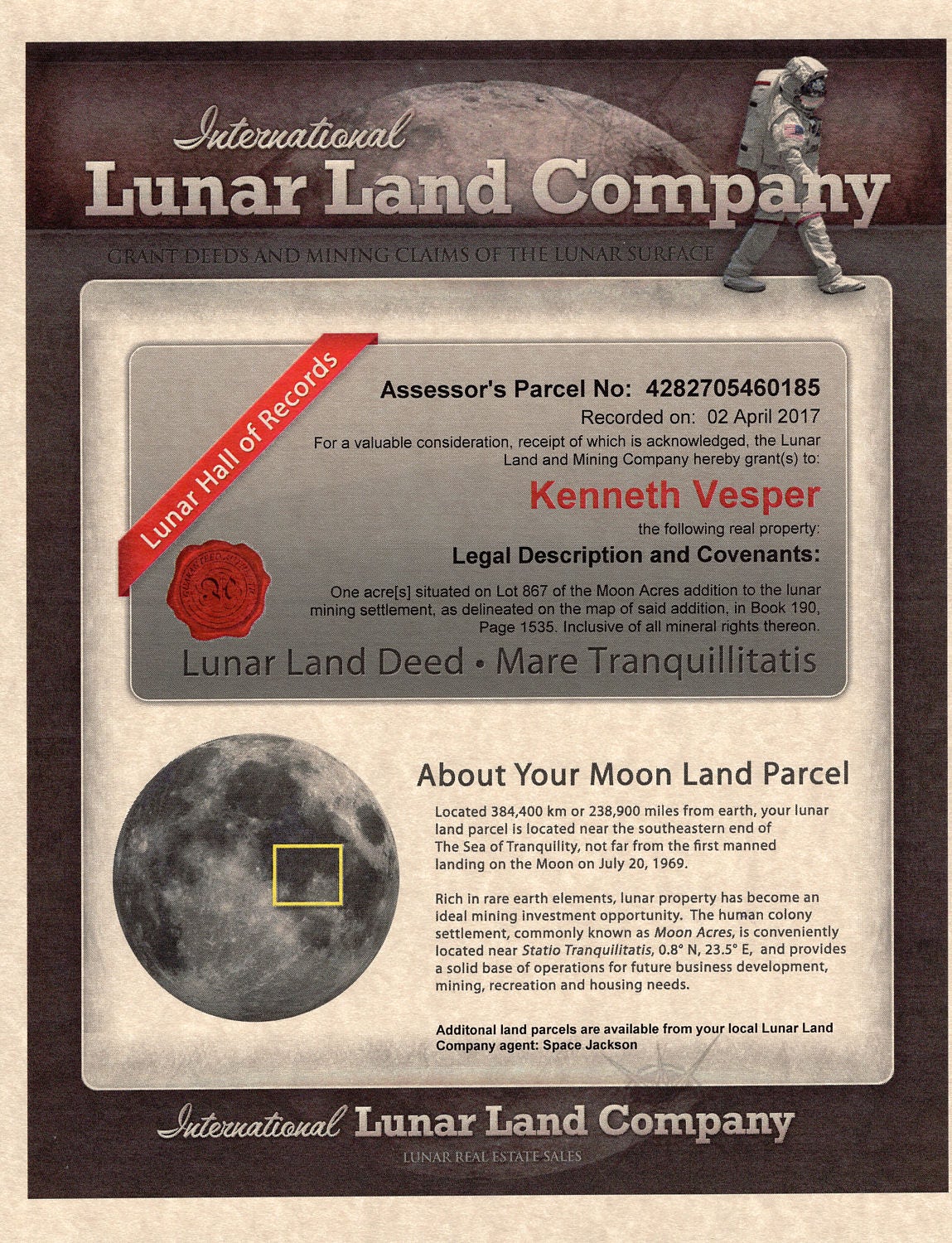 Custom Lunar Moon Land Deed