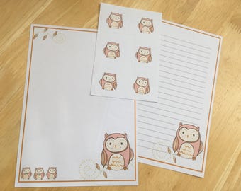 Pink cute owl letter writing paper set and 6 envelope seals