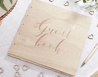 Wooden Wedding Guest Book, Party Guest Book, Wooden with Rose Gold Print, Baby Shower Guest Book