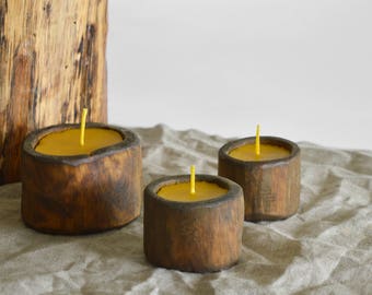 Natural Beeswax Candles in wood log // dark wood log candle // big beeswax tealight candle // Birthday candle gift // Set of 3 Candles