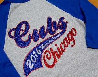 Chicago Cubs Shirt in High Sparkle Glitter - Baseball Jersey Style 3/4 Sleeve Shirt with Royal Blue Sleeves with World Series or Blank Tail