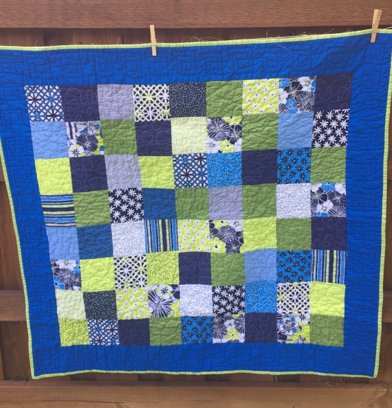 Modern Baby Quilt Gender Neutral Navy & Light Blue Lime Quilt