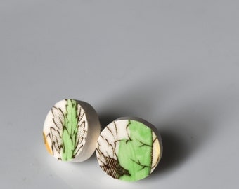 Simple Circle Broken China Stud Earrings - Green Leaf