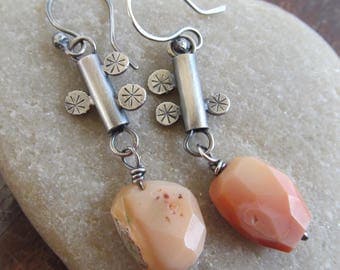 Silver Dangle Earrings Fire Opal Peach Gemstone Earrings Stamped Silver Dangling Earrings Funky Silver Jewelry Rustic Earrings