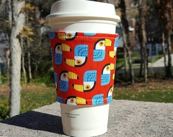 Fabric coffee cozy / coffee cup holder / coffee sleeve -- TOUCANS on red
