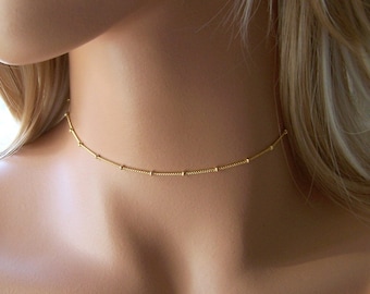 Gold Choker Necklace, Dainty Gold or Silver Chain Necklace , Dew Drop Necklace, Layering Necklace