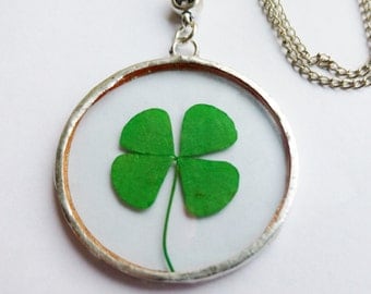 four leaf clover necklace - real four leaf clover - st patricks day - pressed flower - statement necklace - 4 leaf clover