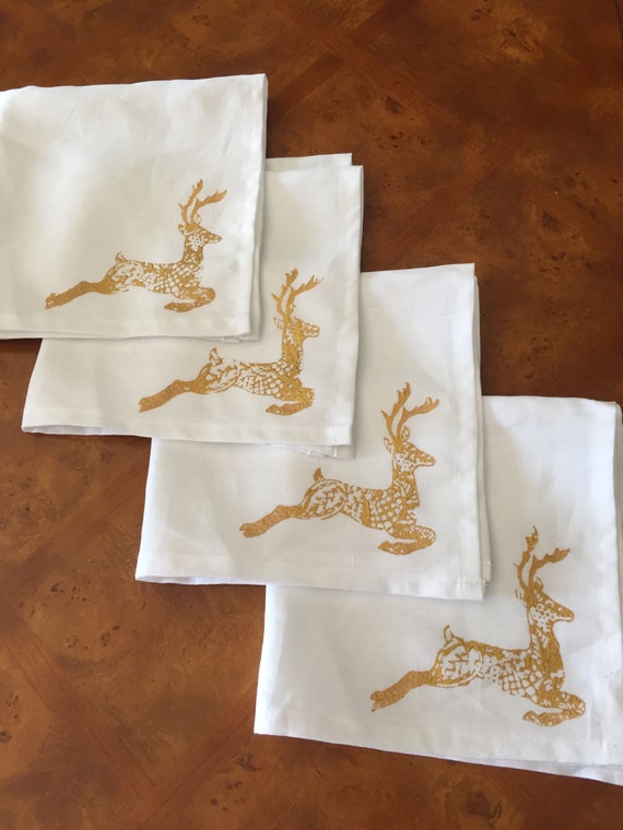 Set of 4 Gold Reindeer White Cloth Napkins