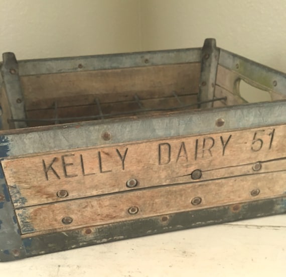 Vintage Metal and Wooden Milk Bottle Crate Carrier Kelly Dairy