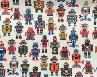 4521 - Cath Kidston Robots (Light Beige) Matt Oilcloth Waterproof Fabric - 28 Inch (Width) x 17 Inch (Length)