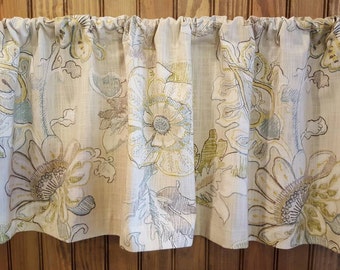 Grey Floral Valance - Richloom Almada Granite Fabric - Colors include brown, gold. turquoise, green, grey and cream.