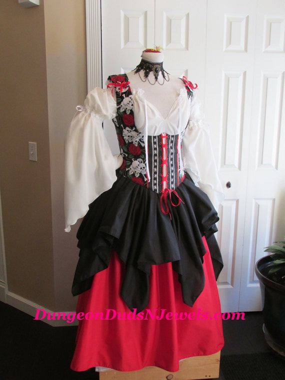 DDNJ 4pc Choose Fabrics Reversible Corset Style Bodice Chemise Petal Skirt FL Skirt Plus Custom Made ANY Size Anime Costume Medieval Pirate by DungeonDudsNJewels steampunk buy now online