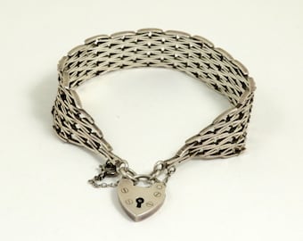 Vintage Gate Bracelet with Heart Padlock Clasp, English Hallmarked Sterling Silver