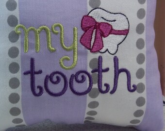 1017 Embroidered Tooth Fairy Pillow on Purple, Grey and White Stripe