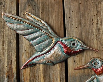 Hummingbird - copper metal flying songbird art sculpture - wall hanging - with turquoise blue and iridescent red-orange patinas - OOAK