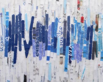 Mixed Media Acrylic collage painting, lines painting, abstract art, recycled paper art, blue lines