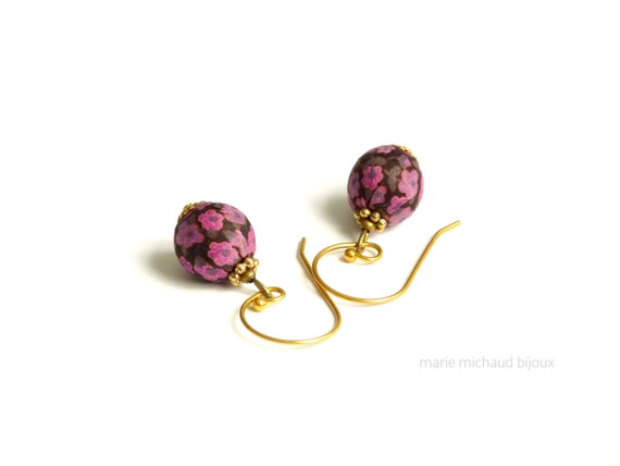 Tiny black and purple Liberty textile earrings, Liberty earrings, Black Liberty earrings, Textile earrings, Liberty fabric earrings,Liberty