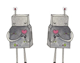 Robot Watercolor Fabric - Love Bot By Hikomari - Watercolor Geek Chic Kids Cotton Fabric By The Yard With Spoonflower