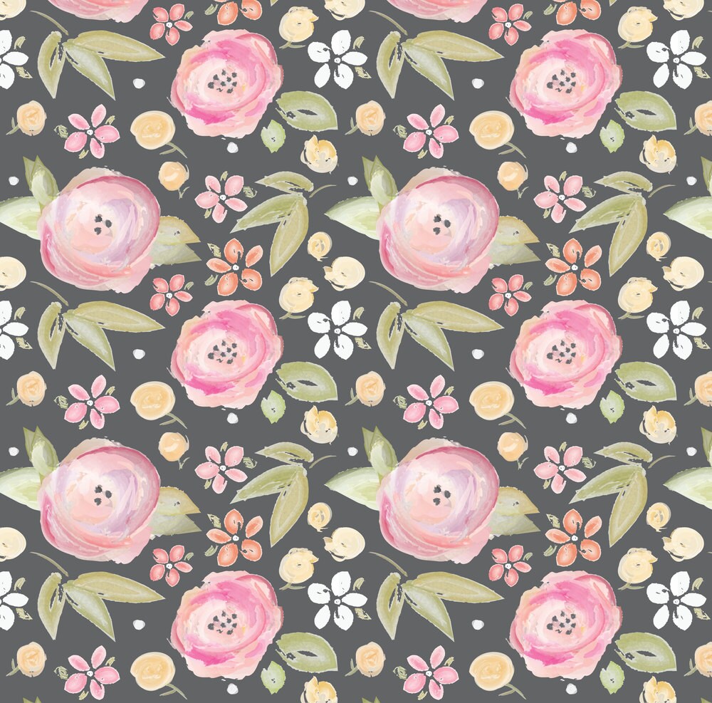 Pink and Gray Flowers Fabric Watercolor Floral In Gray By