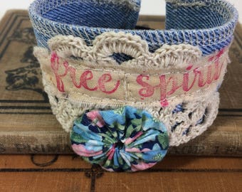 Denim Lace Cuff, Boho Chic, Free Spirit, Fabric Cuff, Fabric Bracelet, Up cycled Denim Lace, Textile Cuff, Fiber Art, Fabric Textile Jewelry
