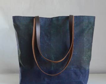 Blackwatch Plaid Waxed Canvas Tote Bag with Leather Straps - Ready to Ship