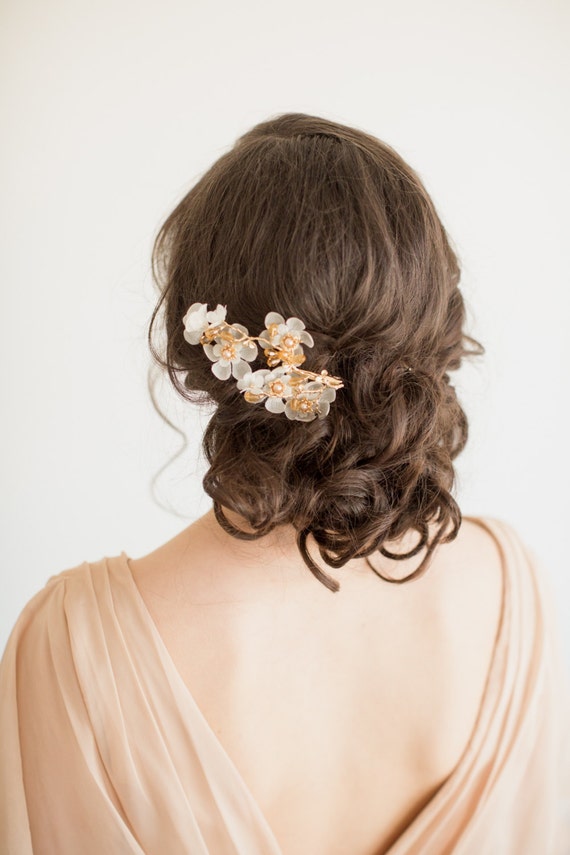 Gold Bridal Headpiece, Wedding Flower Hair Clip, Bridal Crystal Headpiece, Bridal Hairpiece