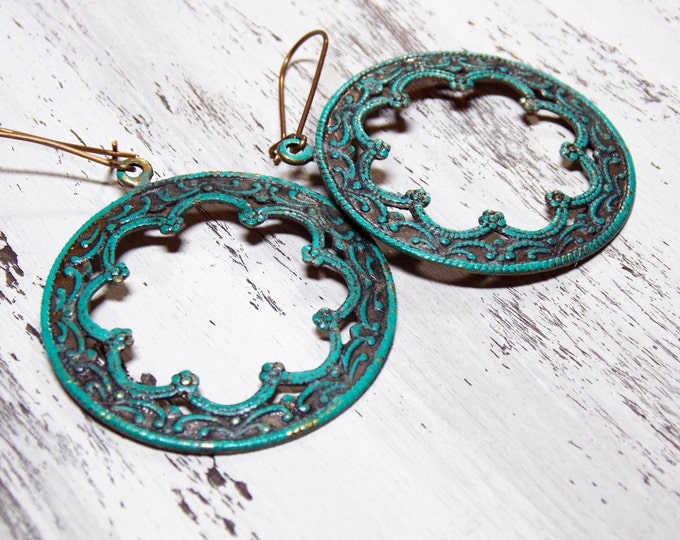 Moroccan Earrings Rustic Patina Earrings Turquoise Teal Distressed Brass Woodland Hoop Bohemian Earrings Gypsy Boho Spanish Hoop Earrings