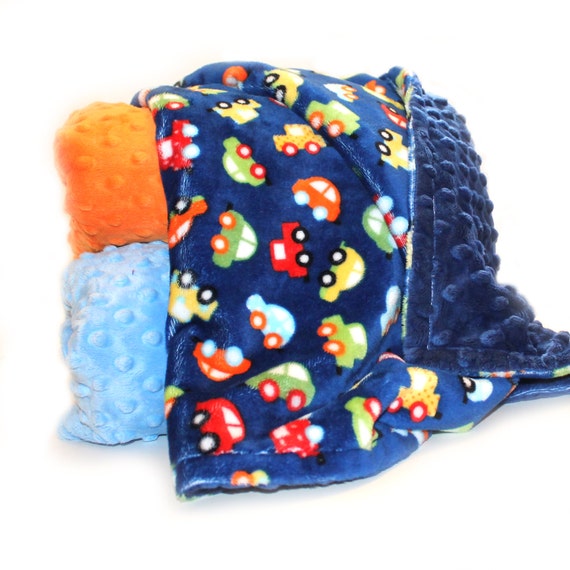 Personalized Baby Blanket - Car Minky Baby Blanket Boy, Orange Green Red Blue Name Blanket // Blue Car Baby Blanket / Car Blanket
