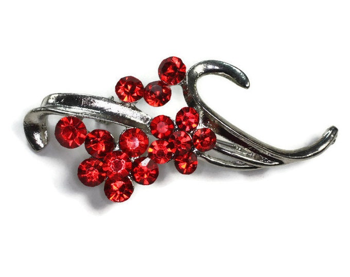 Red Rhinestone Flower Brooch Pin Vintage