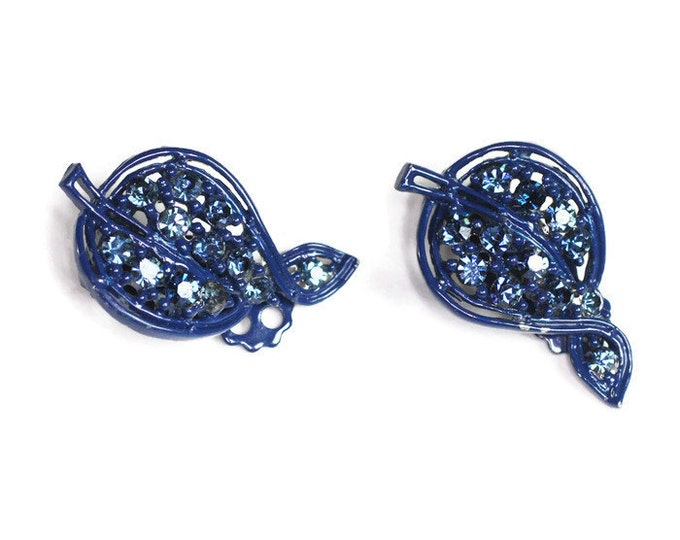 Dark Blue Rhinestone Earrings Japanned Enamel Leaf Design Clip On