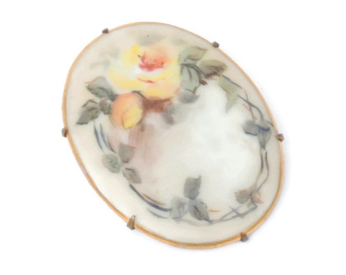 Victorian Porcelain Brooch Hand Painted Yellow Rose Florals Oval Gilt Trim Vintage