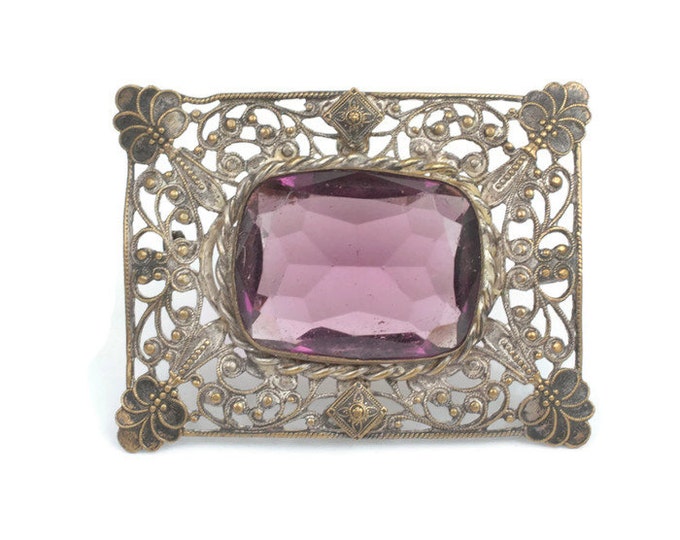 Art Nouveau Filigree Brooch Faceted Amethyst Glass Vintage