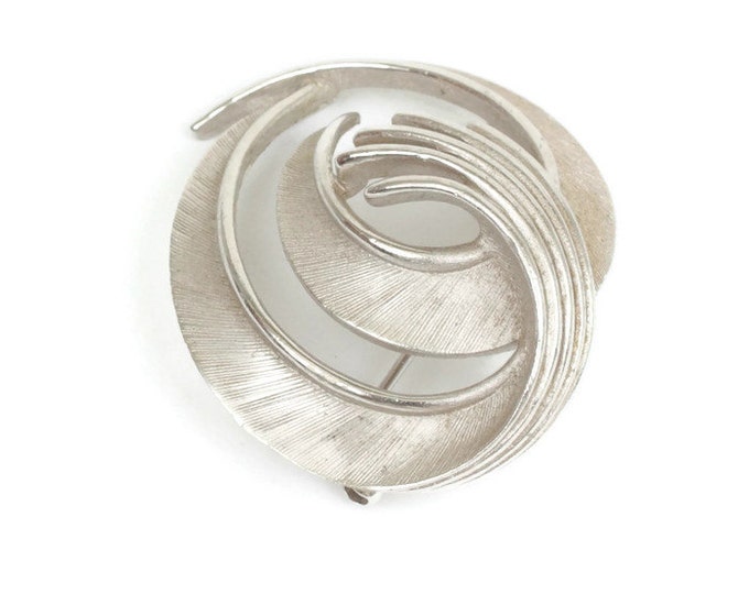 Trifari Modernist Brooch Swirled Design Raised Circular Silver Tone Vintage