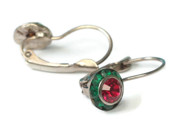 Red and Green Rhinestone Earrings Lever Back Vintage