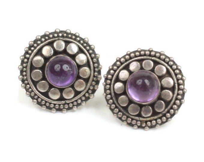 Amethyst and Sterling Post Earrings Raised Dot Detail Smaller Vintage
