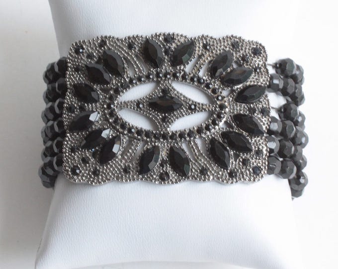 Black Beaded Stretch Bracelet Fancy Rectangular Shaped Center Marquise Beads Vintage
