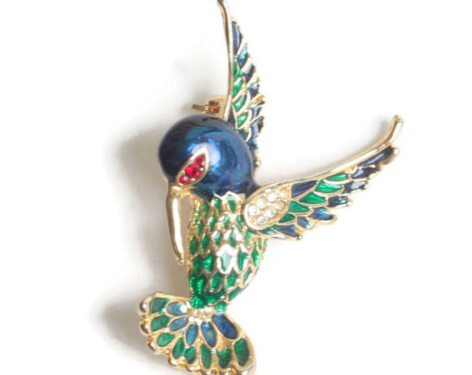 Enameled Rhinestone Hummingbird Brooch Pin Signed Vintage