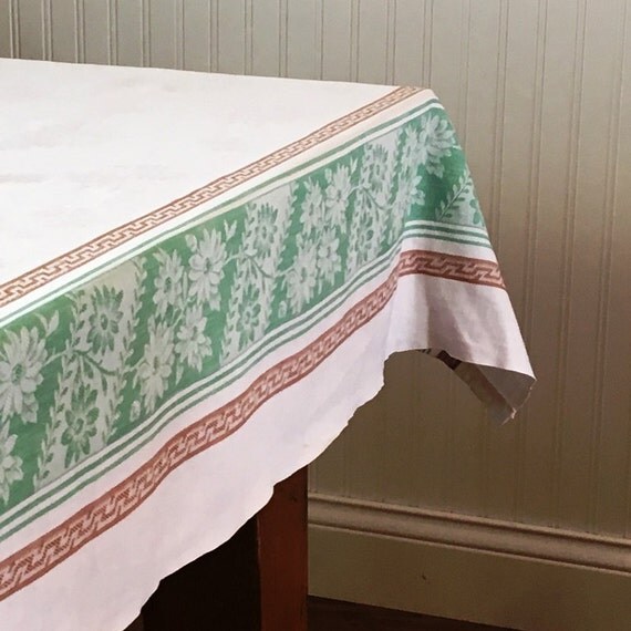 Damask Tablecloth White Cotton Damask Tablecloth with Green