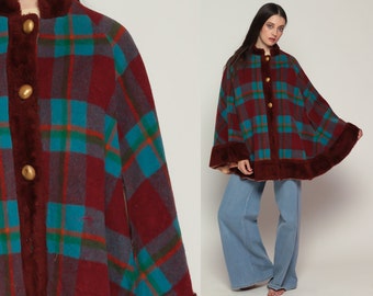 Wool Cape Coat Plaid Cape 70s Jacket FAUX FUR Mod Cape Cloak Bohemian 1970s Vintage Poncho Tartan Burgundy Red Blue Small Medium Large xs