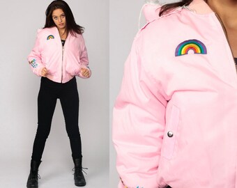 Korean Jacket Souvenir Jacket SUKAJAN Hooded Bomber Jacket 90s Peacock RAINBOW Coat Hood Embroidered Asian Vintage Baby Pink Retro Medium