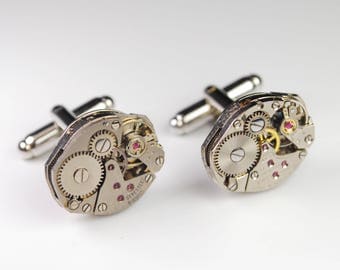 Steampunk Cufflinks Vintage Swiss Watch Movement Mens Gear Cuff Links by Steampunk Vintage Design