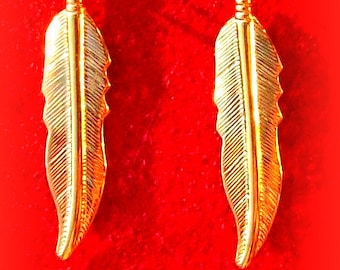 GOLD FEATHER EARRINGS - Larger size, Tribal, Boho, dangly feather earrings in gold or silver