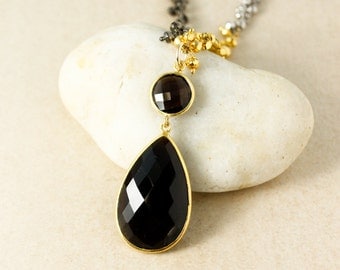 Gold Dark Smokey Quartz Teardrop Necklace - Pyrite Chain - Edgy, Layering Necklace