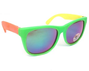 vintage 80s deadstock rubber wayfarer sunglasses sun glasses eyewear oversized retro neon fluorescent day glow green yellow orange revo 153